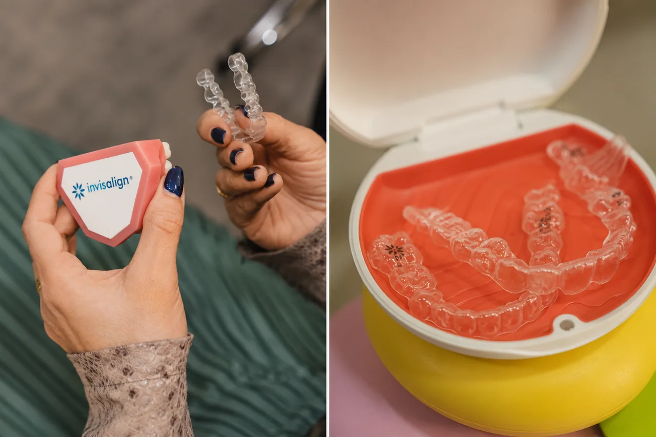 Alineadores transparentes Invisalign: paciente sosteniendo su estuche y detalle de las férulas en su caja