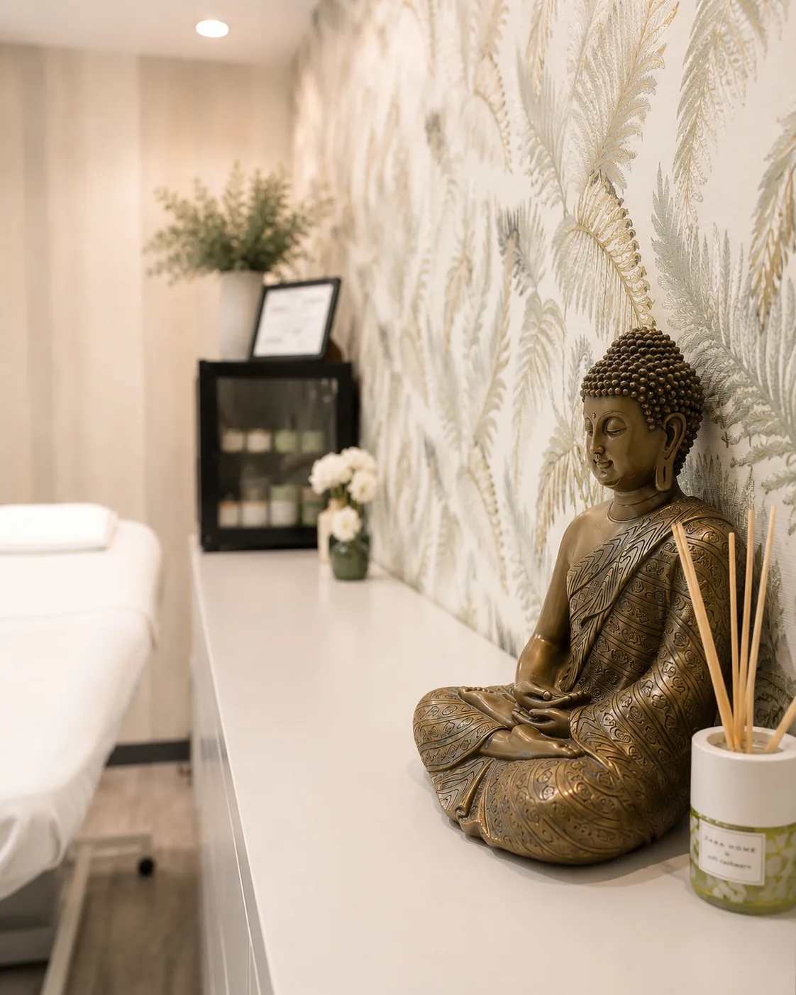Detalle de la sala de estética de la clínica con figura de Buda y ambiente cálido